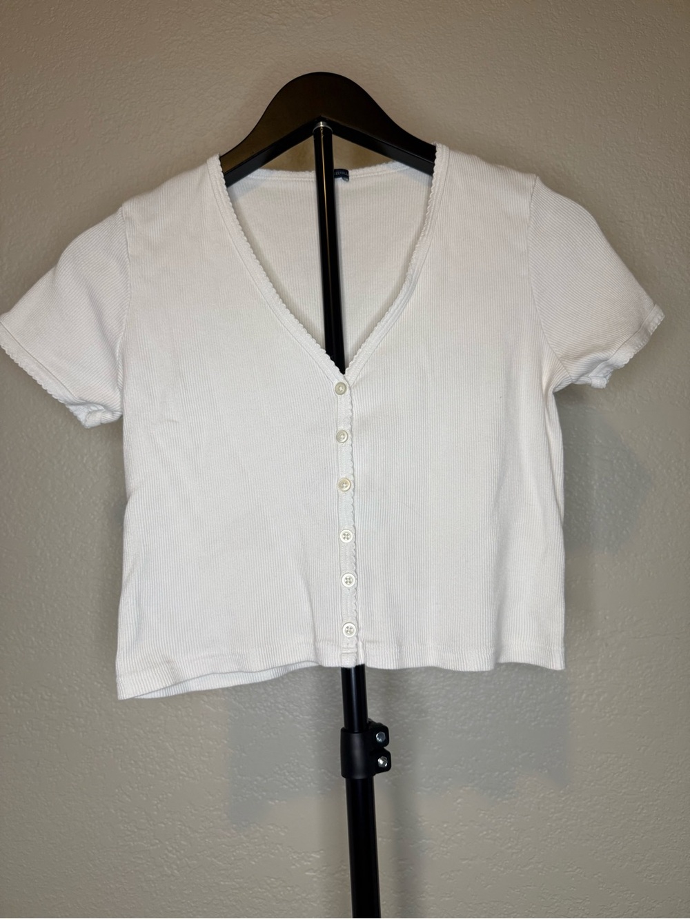 Brandy Melville White Ribbed V-Neck Button Front Top
